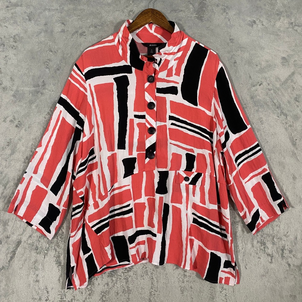 Ali Miles Tunic Top Womens 2X Coral Black White Abstract Geometric Mock Neck